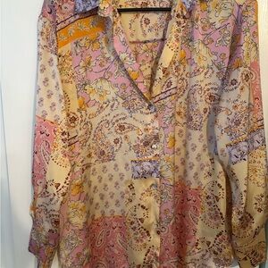 Zara Women's Floral Patchwork Button-Front Blouse — Pink & Cream